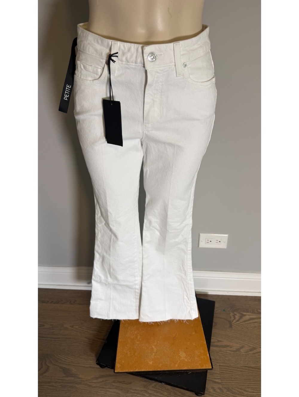 PAIGE White Petite Laurel Canyon Denim Jeans with Raw Hem